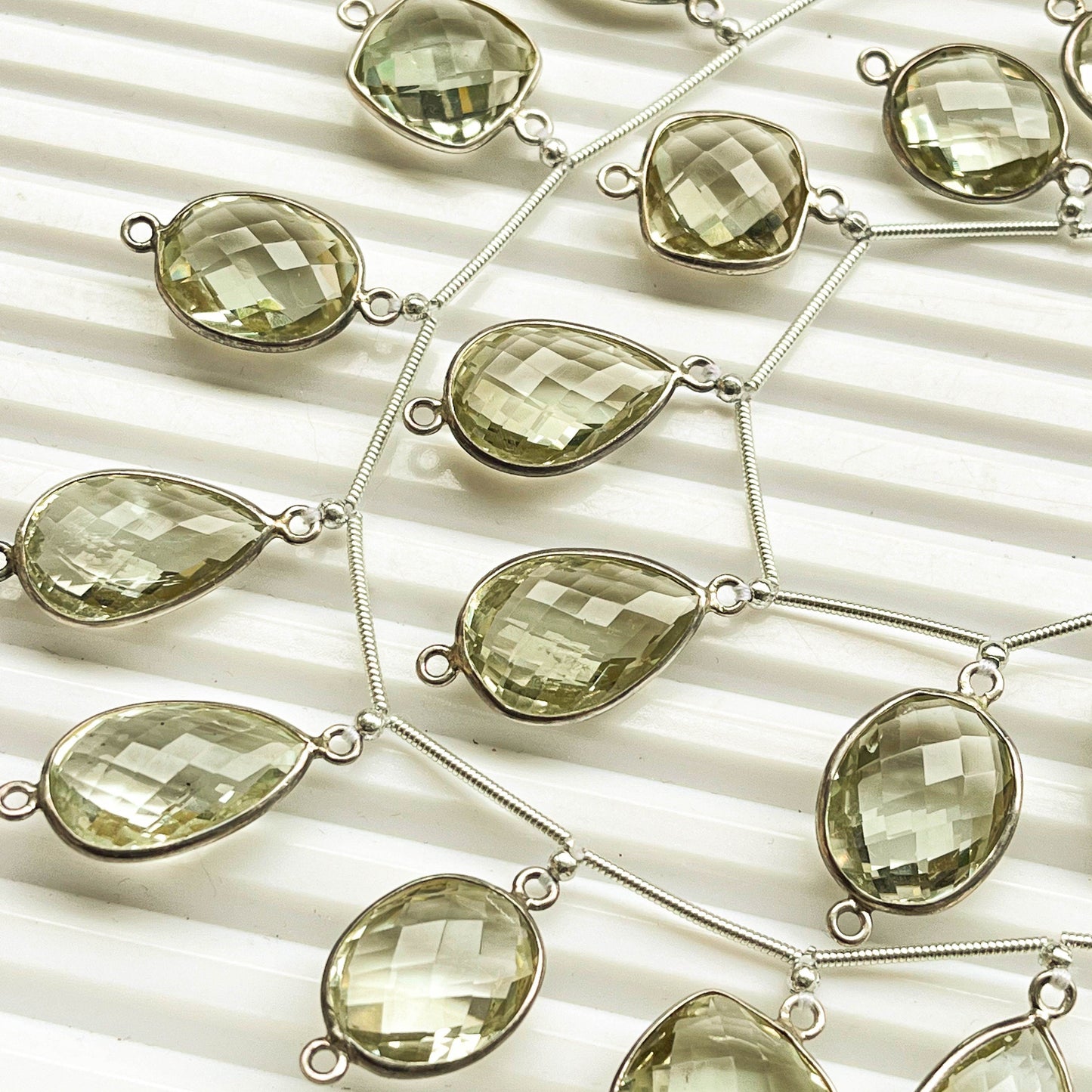 12 Pieces Green Amethyst Briolette Mix Shape Pair 925 Silver bezel set Connectors for Jewelry making Beadsforyourjewelry