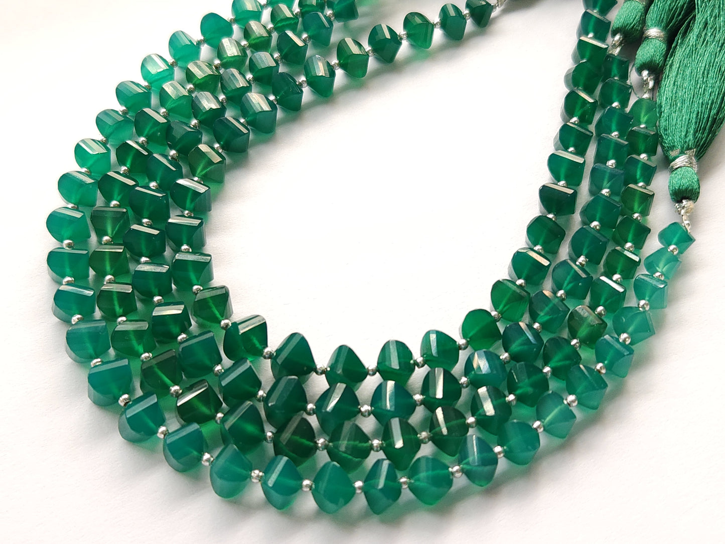 Natural Green Onyx Twisted Spiral Shape Faceted Beads