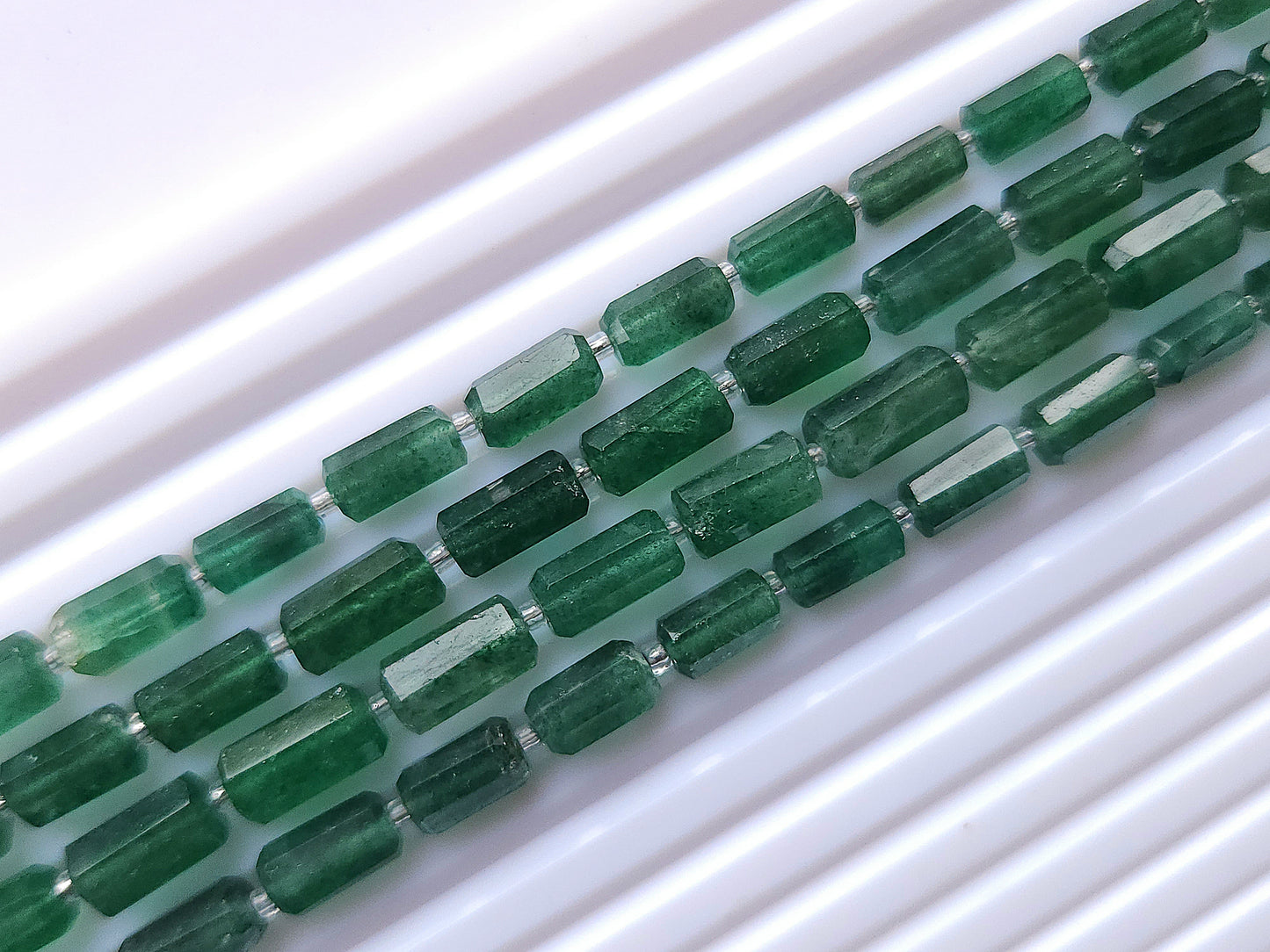 Natural Green Aventurine Faceted Cylindrical Shape Beads