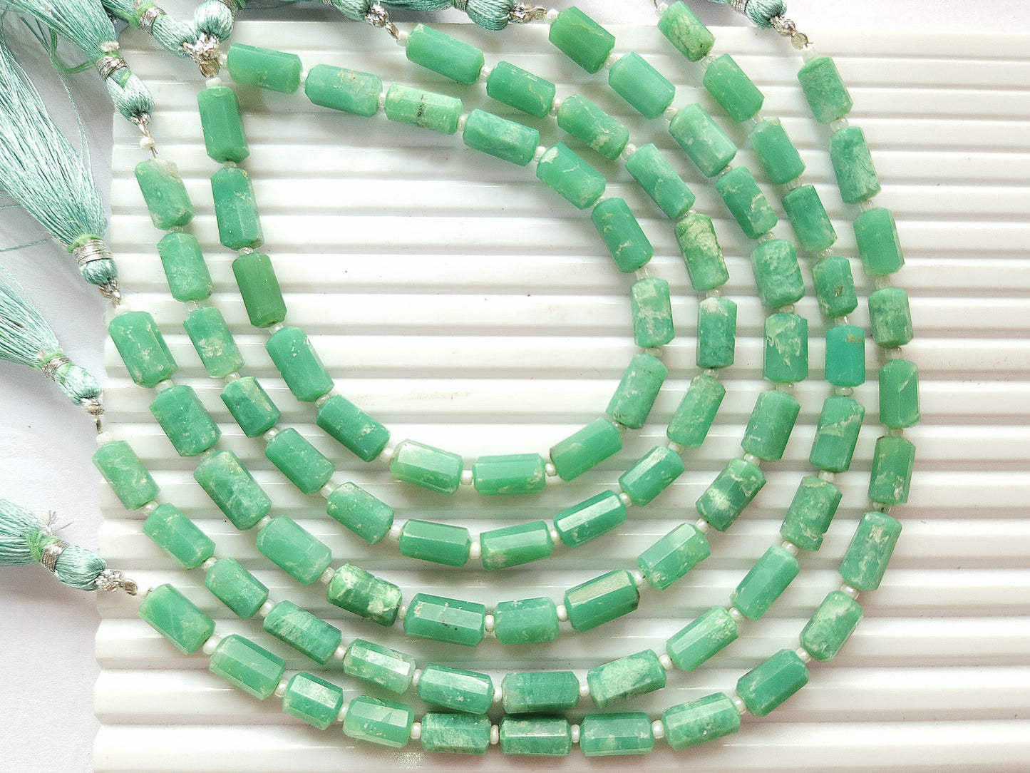 Natural Chrysoprase Faceted Cylindrical Gemstone Beads