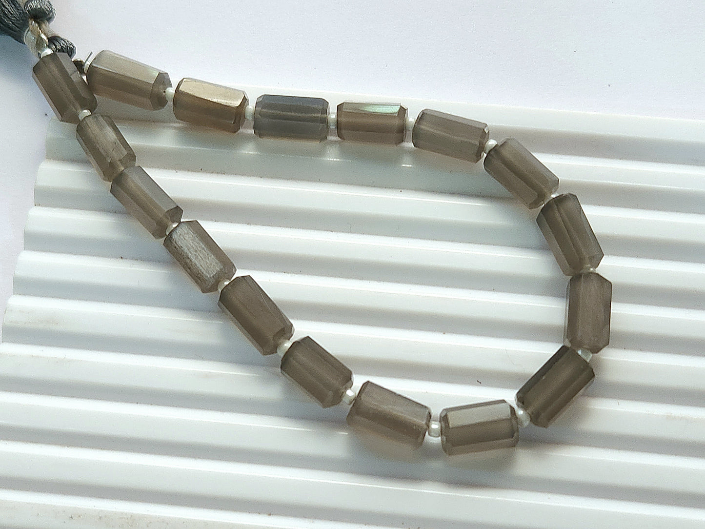Natural Grey Moonstone Faceted Cylindrical Gemstone Beads
