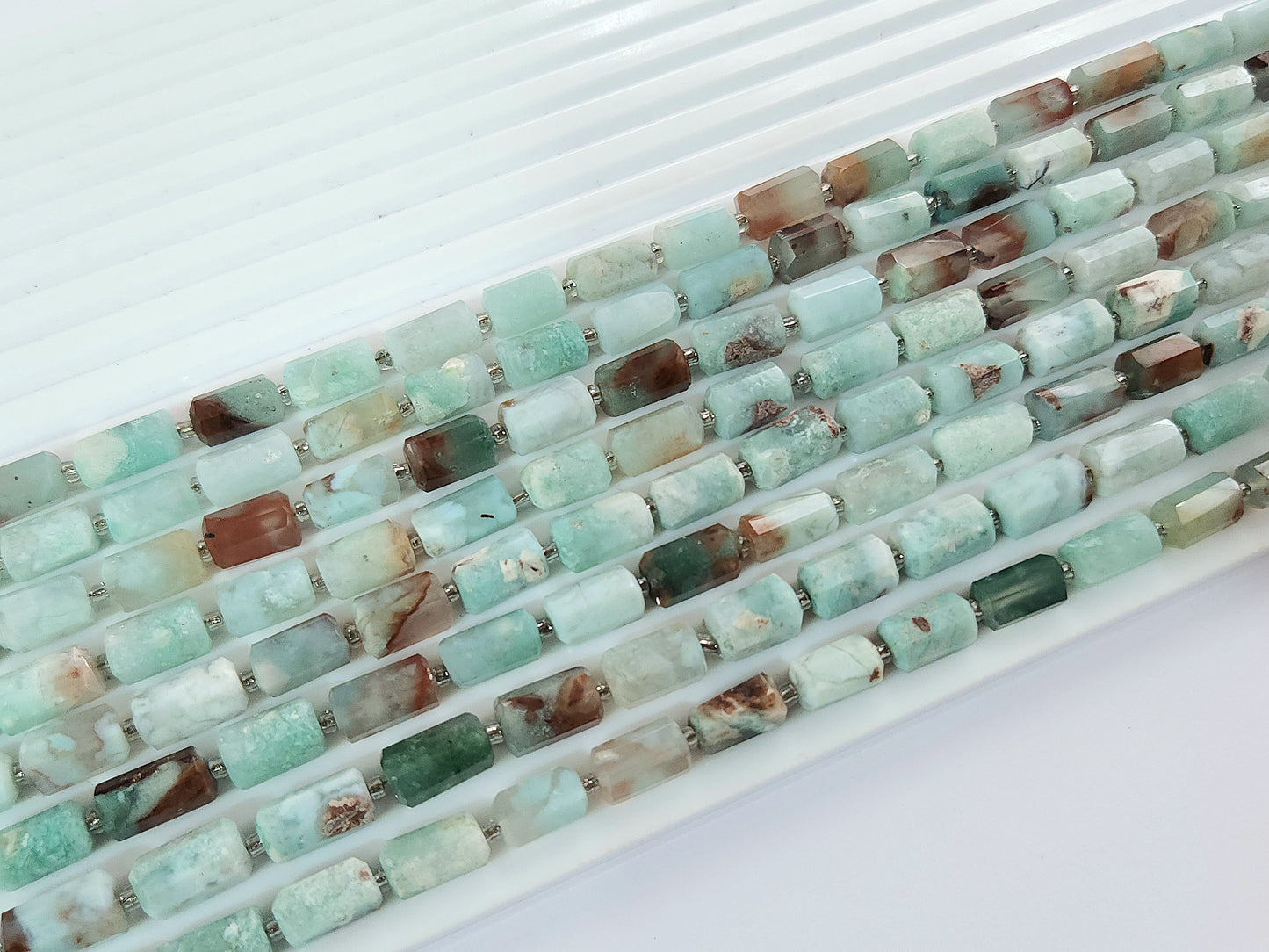 Natural Aquaplase Faceted Cylindrical Gemstone Beads