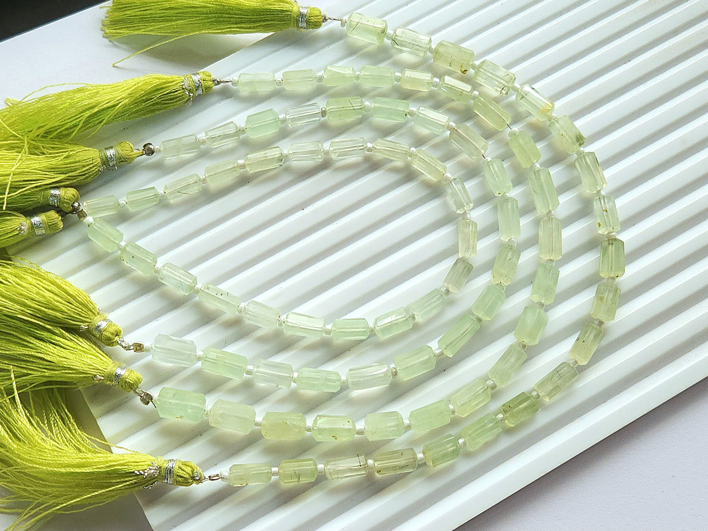 Natural Prehnite Faceted Cylindrical Gemstone Beads
