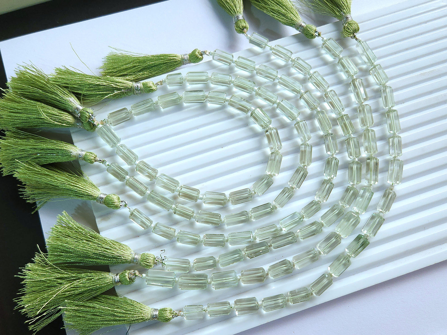 Natural Green Amethyst Faceted Cylindrical Gemstone Beads