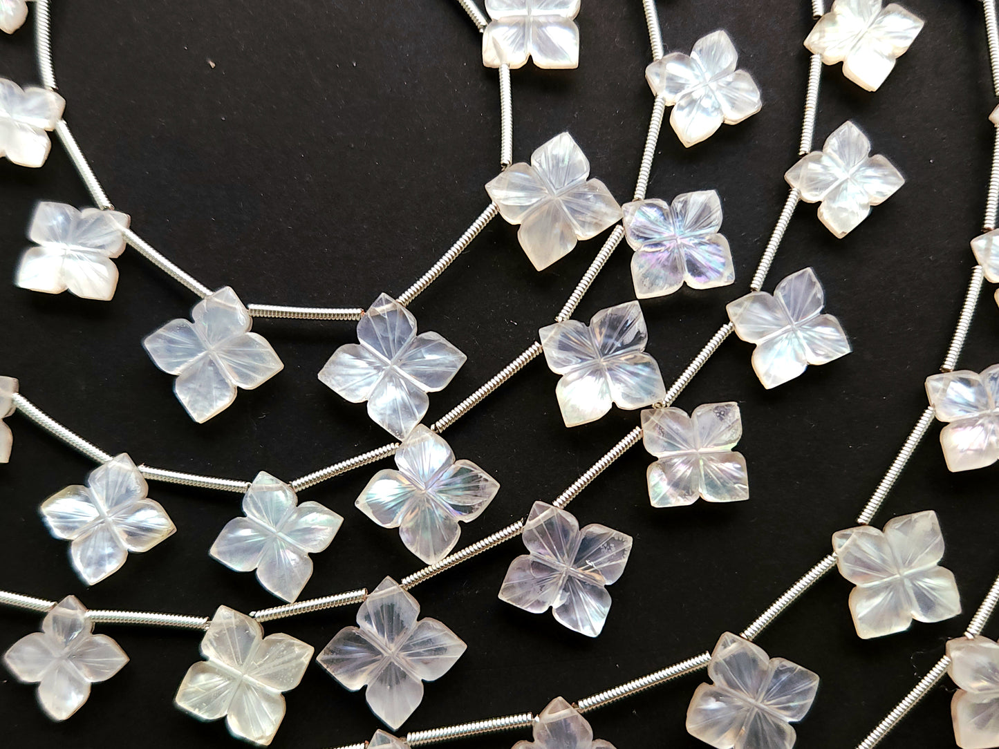 Natural Mother of Pearl and Crystal Triplet Flower Carved Square Shape Beads