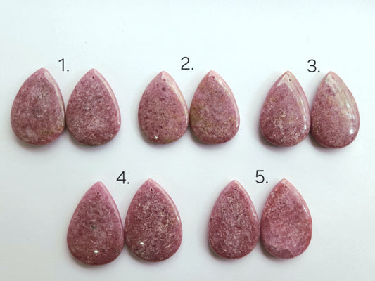 Natural Pink Rhodonite Pear Shape Cabochon Pair