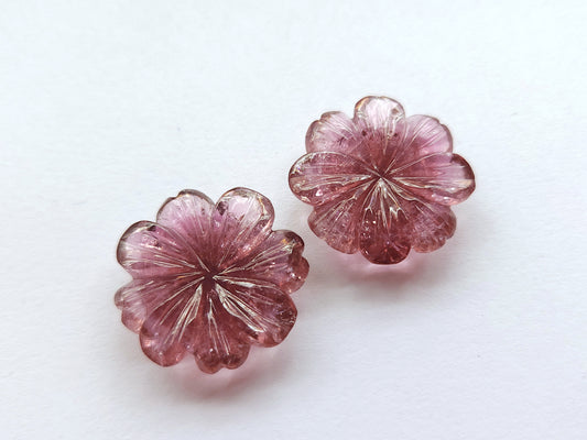 Rare! Natural Pink Tourmaline Carved Flower Pair