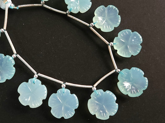 Aqua Blue Onyx Carved Flower Beads