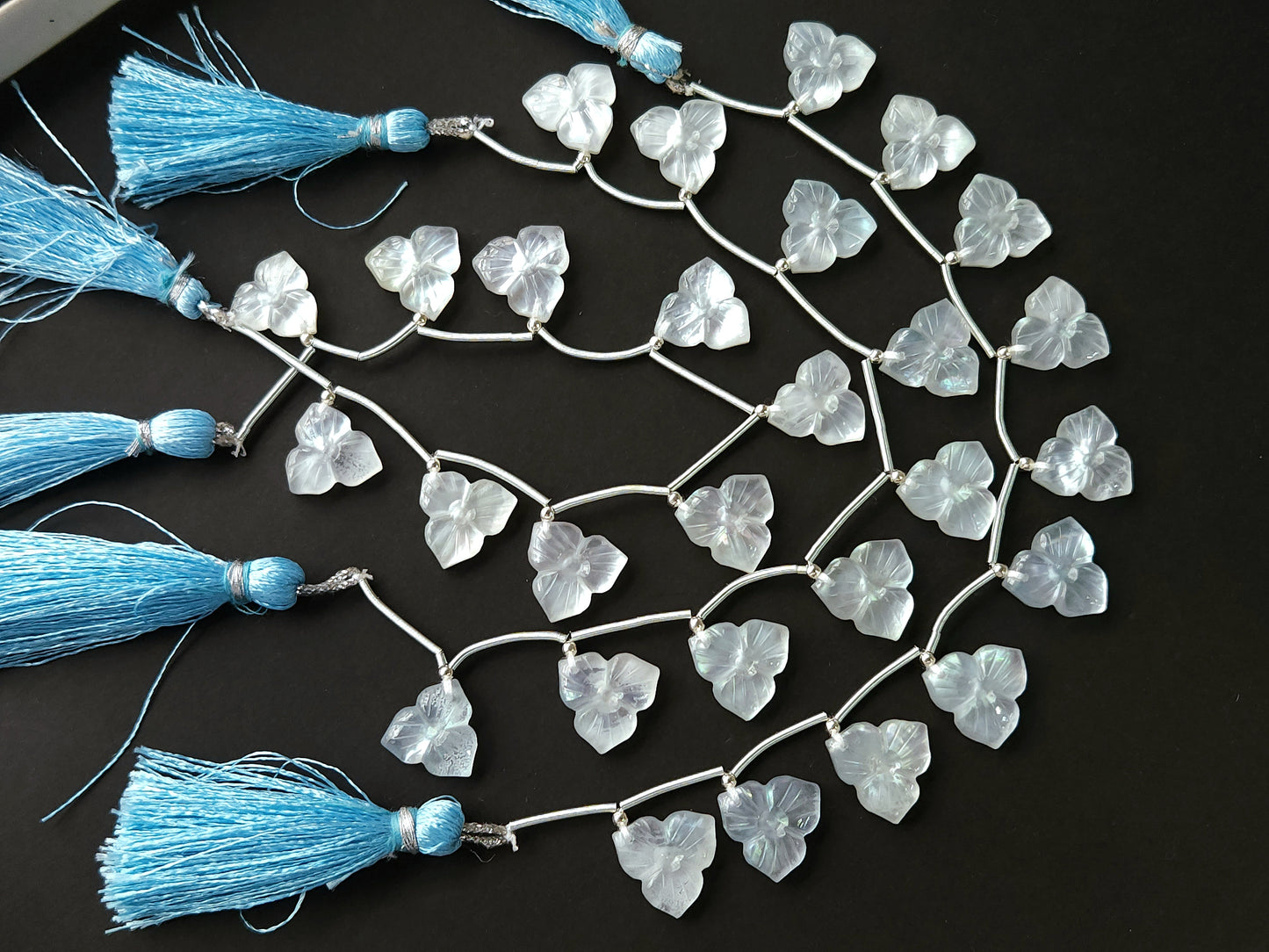 Natural Crystal & Mother of Pearl Triplet Carved Flower Beads| 10 Pieces