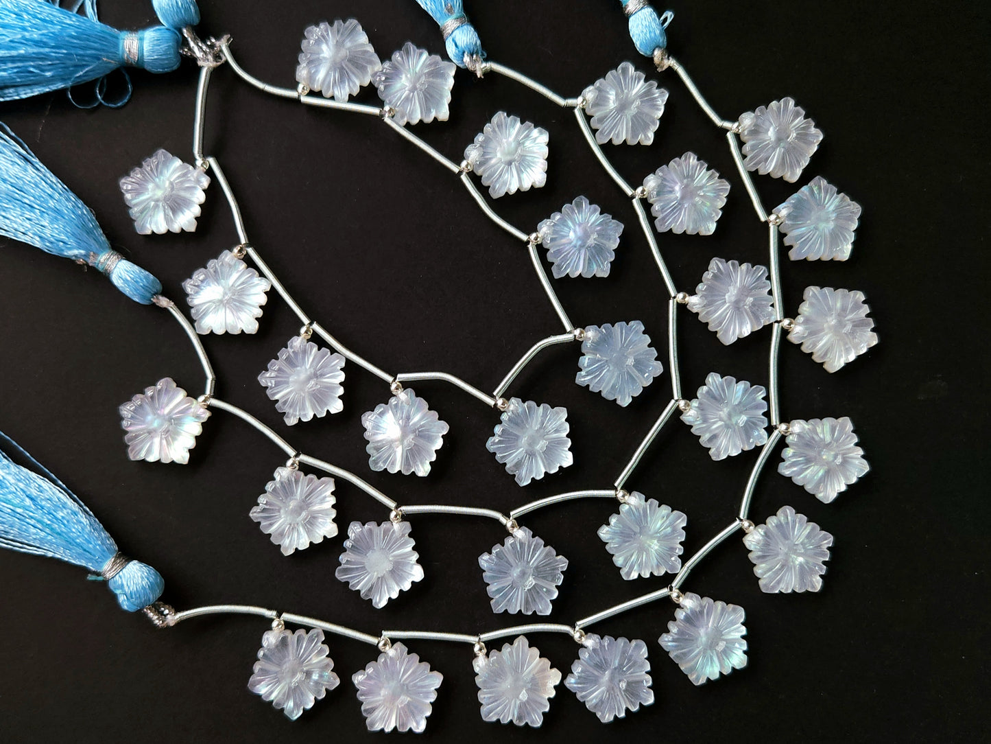 Natural Crystal & Mother of Pearl Triplet Carved Flower Beads| 10 Pieces