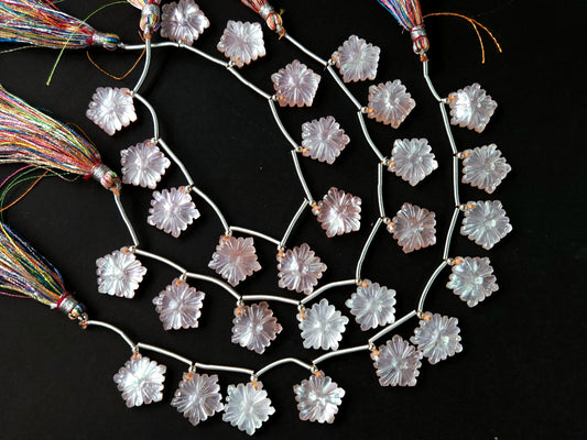 Natural Crystal & Mother of Pearl Triplet Carved Flower Beads| 10 Pieces