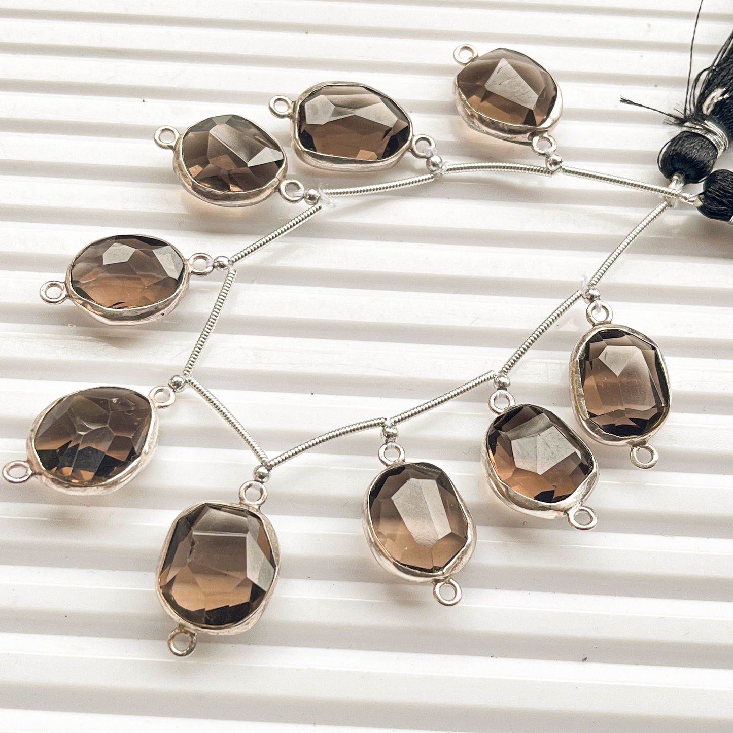 8 Pieces Smoky Quartz uneven faceted tumble 925 Silver bezel set Connectors for Jewelry making Beadsforyourjewelry