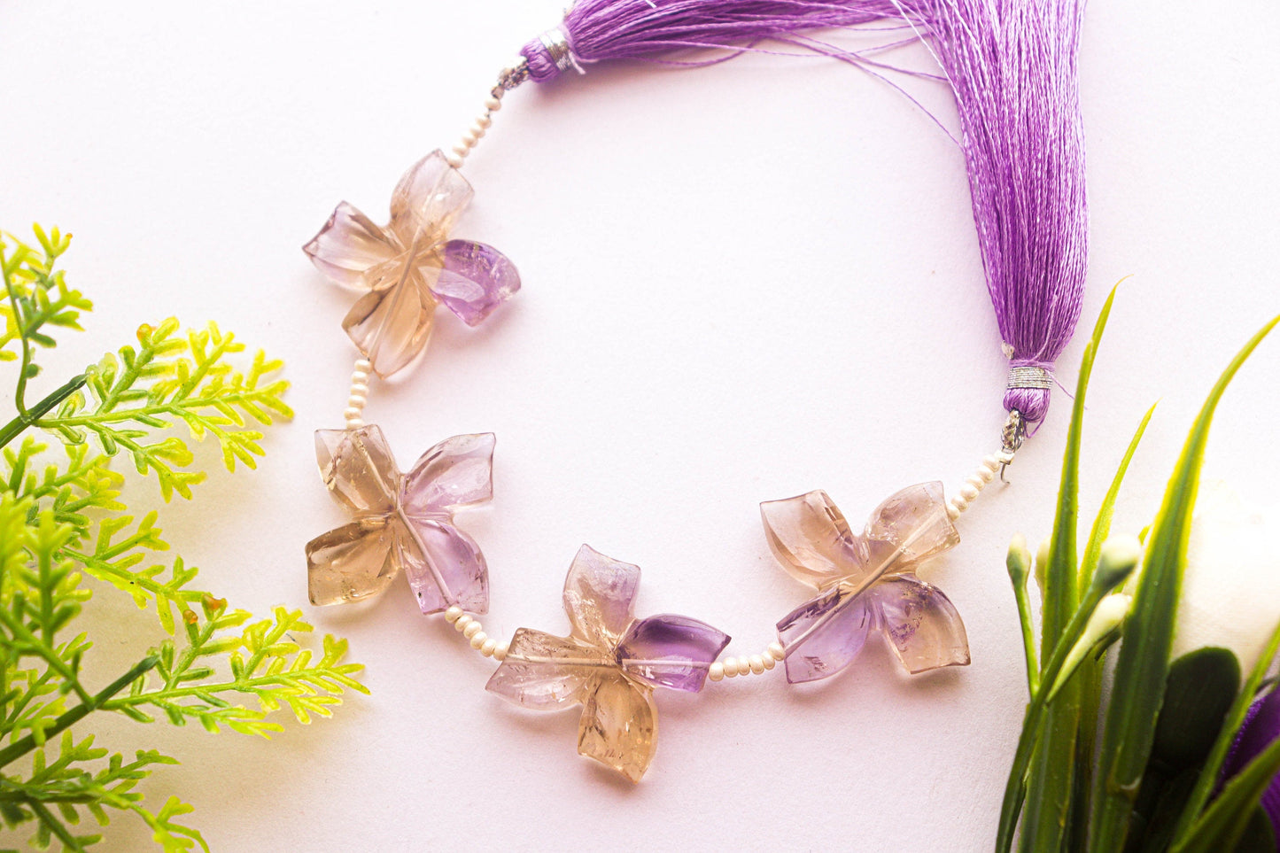 Ametrine Flower Carving Beads | Center Drill | 20x20mm | 4 Pieces | Natural Ametrine Gemstone | Beadsforyourjewellery Beadsforyourjewelry