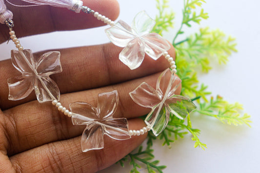 Crystal Flower Carving Beads | Center Drill | 20x20mm | 4 Pieces | Natural Crystal Gemstone | Beadsforyourjewellery Beadsforyourjewelry