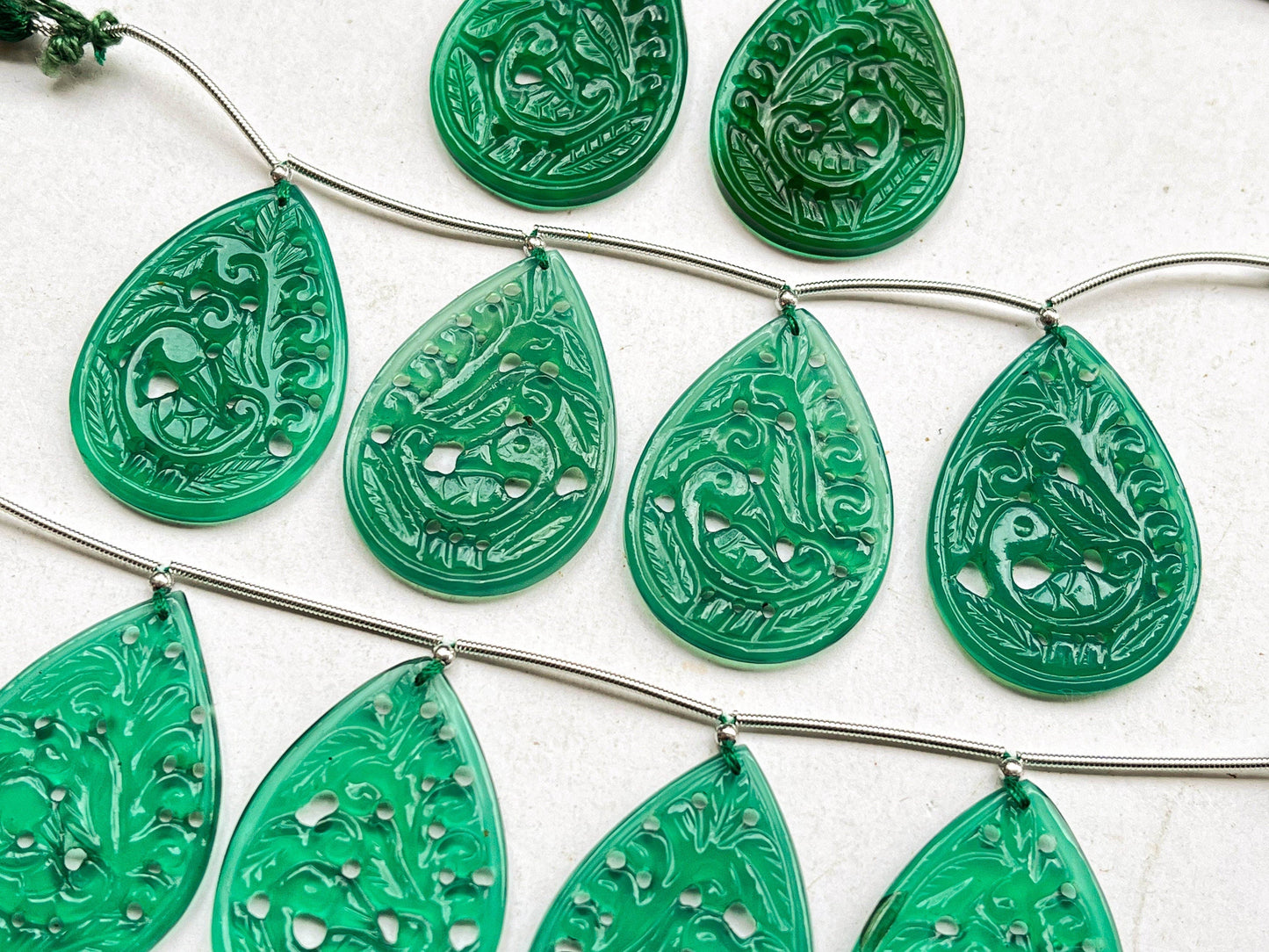 Green Onyx carved pair pear shape beads, Green Onyx window carving Beadsforyourjewelry