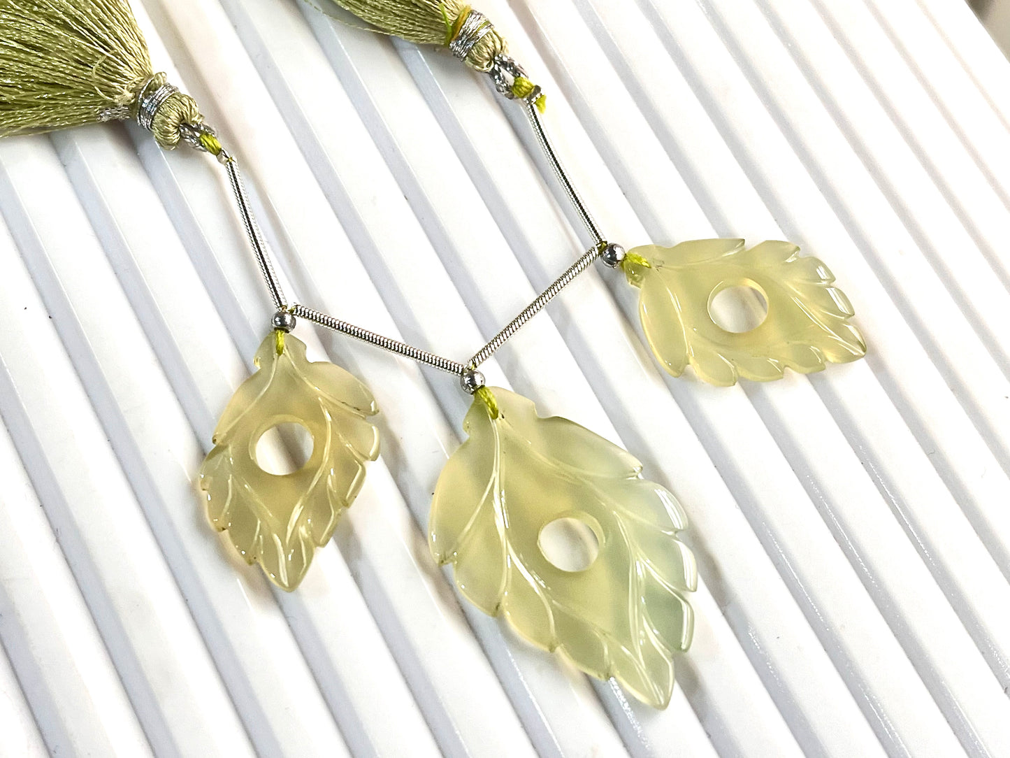 3 Pieces Set Pastel Green Onyx Carved Beads