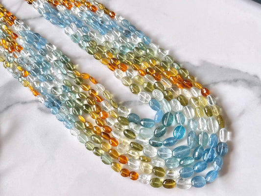 7 Layers Natural Multi Aquamarine Smooth Oval Shape beaded Necklace