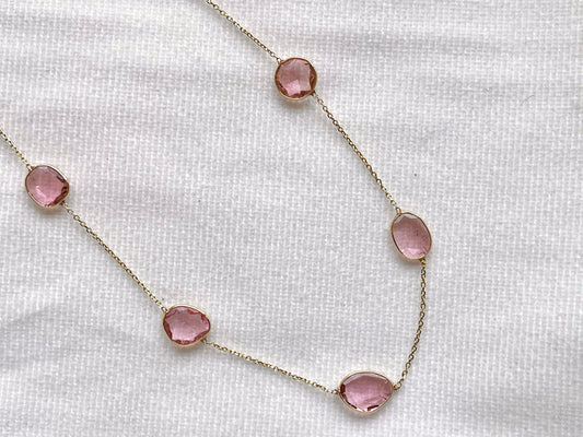 Natural Pink Tourmaline Bezel Set Chain Necklace 18K Solid Yellow Gold, Lightweight Gemstone Necklace