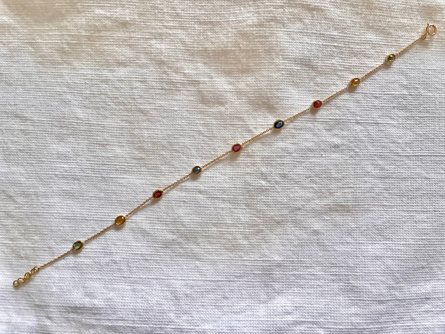 Rainbow Sapphire Bezel Set Chain Bracelet 18K Solid Yellow Gold, Lightweight Multicolor Gemstone Bracelet