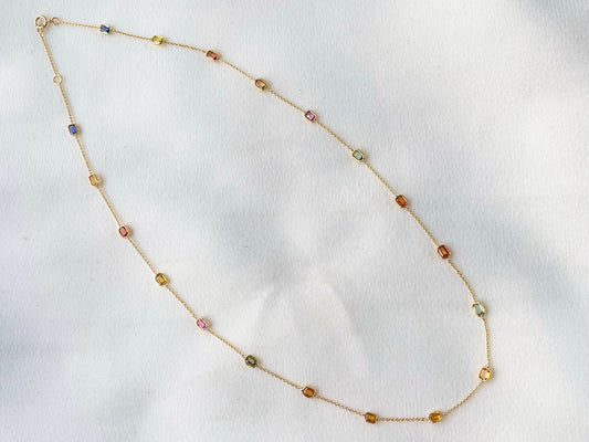 Rainbow Sapphire Octagon Bezel Set 18K Solid Gold Necklace