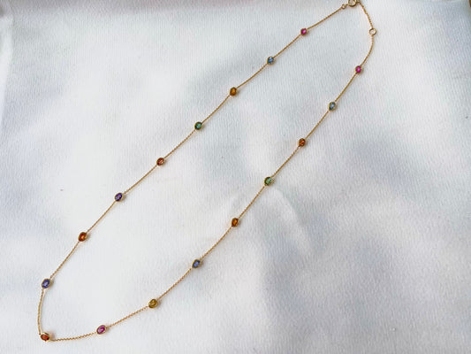 Rainbow Sapphire Bezel Set Chain Necklace 18K Solid Yellow Gold, Lightweight Multicolor Gemstone Necklace