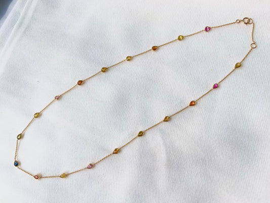 Rainbow Sapphire Pear Bezel Set 18K Solid Gold Necklace