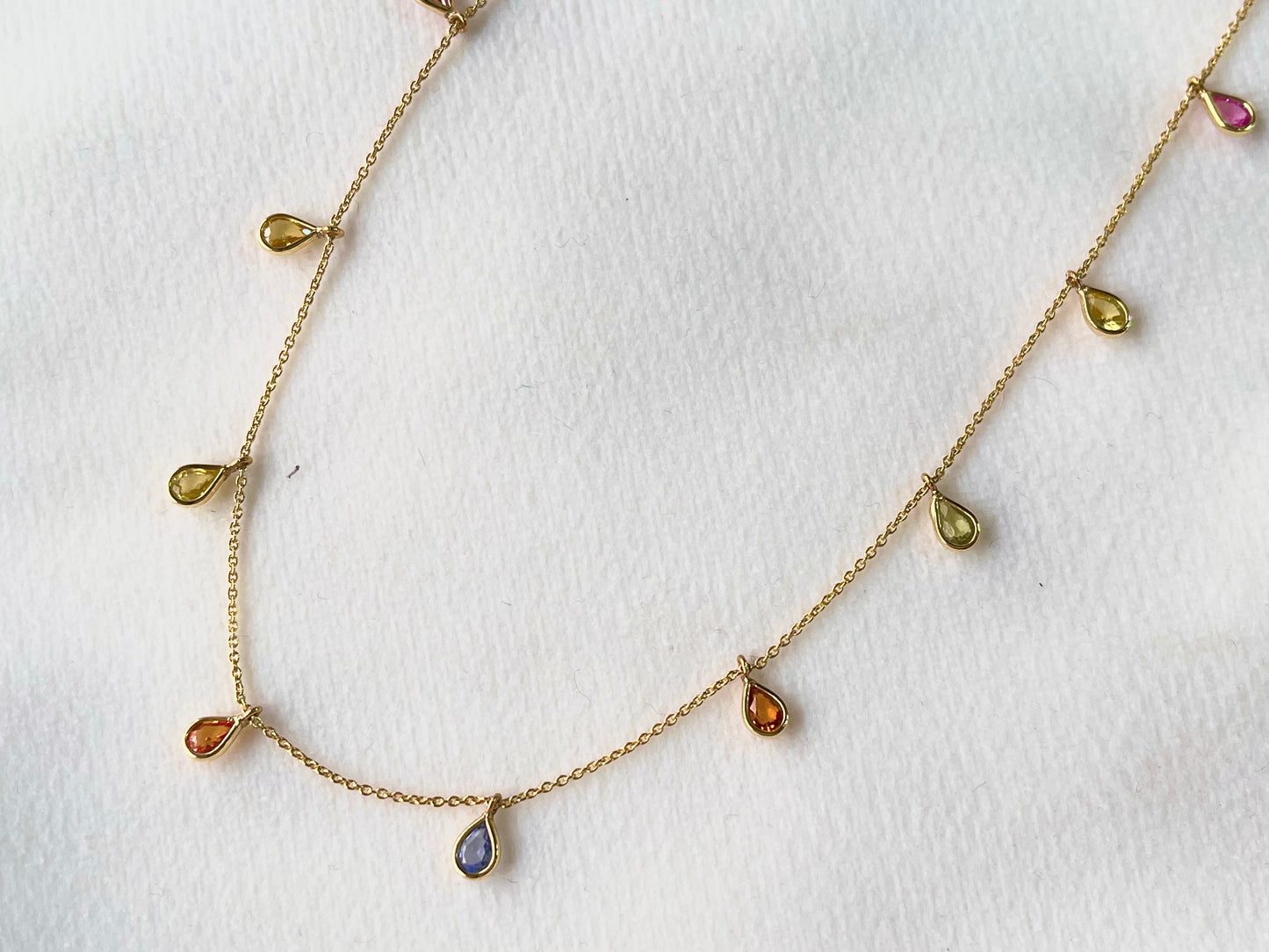 Rainbow Sapphire Pear Bezel Set 18K Solid Gold Necklace