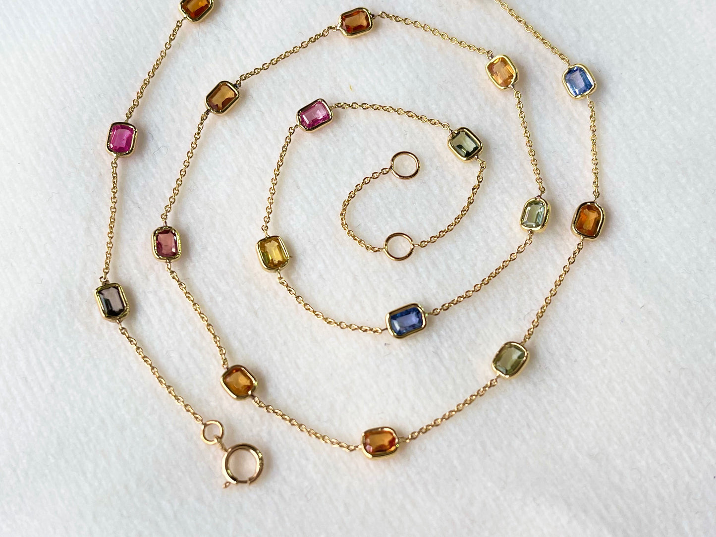 Rainbow Sapphire Octagon Bezel Set 18K Solid Gold Necklace