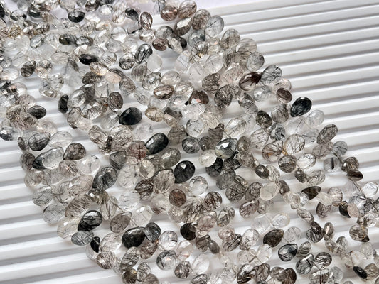 Black Rutile Faceted Pear Briolette Beads
