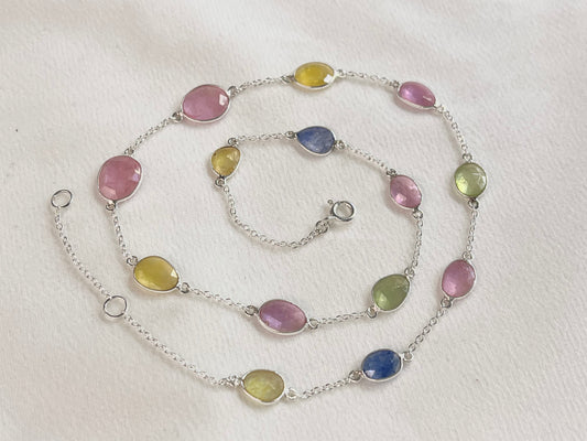 Multi Sapphire Rose cut Bezel Set Chain Necklace 925 Silver