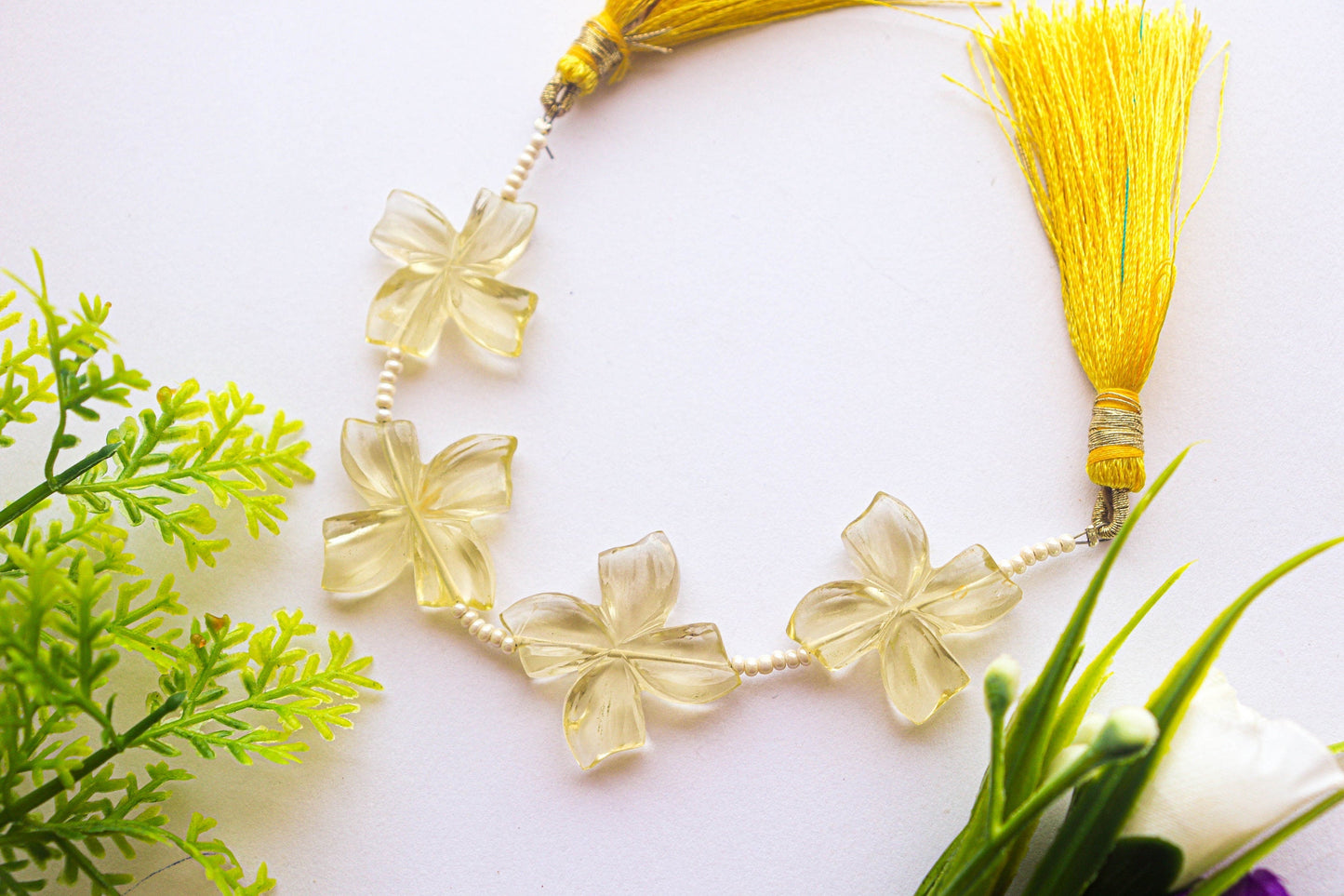 Lemon Quartz Flower Carving Beads | Center Drill | 20x20mm | 4 Pieces | Natural Lemon Quartz Gemstone | Beadsforyourjewellery Beadsforyourjewelry