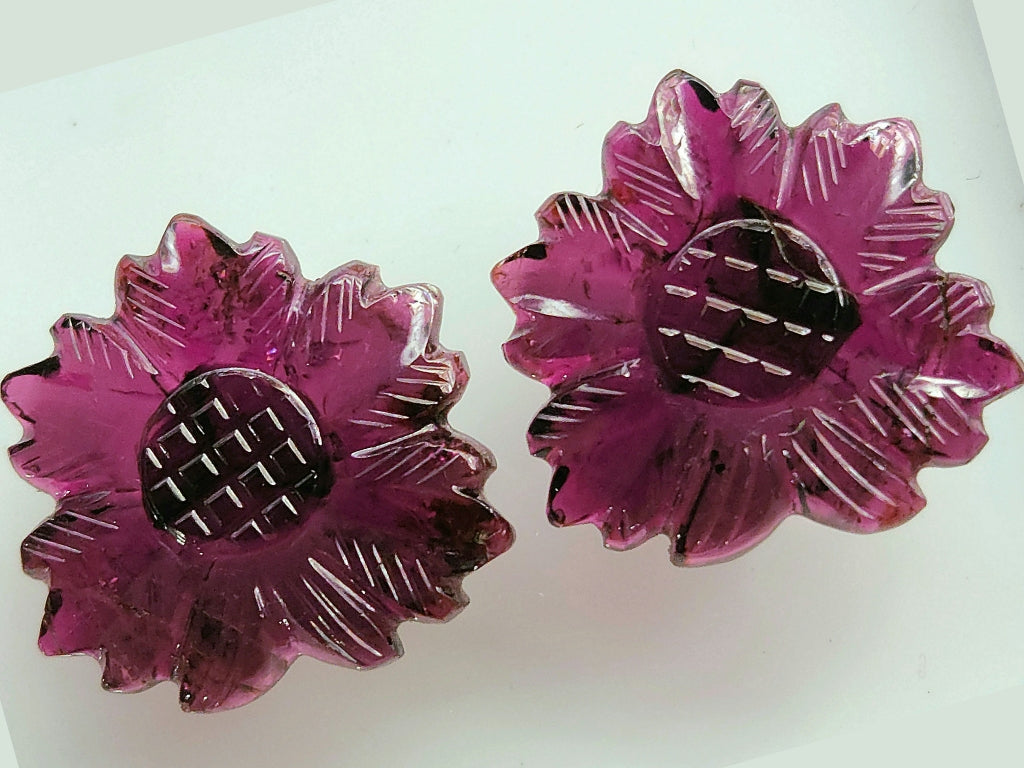 Natural Rubellite Tourmaline Gemstone Flower Carving (Big Size) Matching Pair