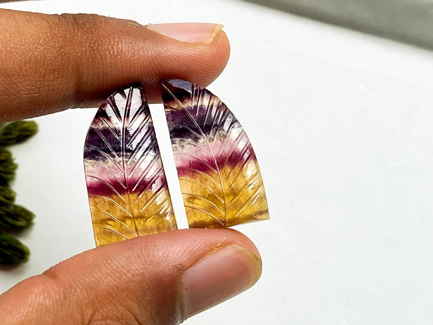 Rare Multi Fluorite Gemstone, 13x25mm, Matching Pair, Fancy Shape Carving Cabochon Pair, Natural AAA+ Multi Fluorite Gemstone Loose Cabochon Beadsforyourjewelry