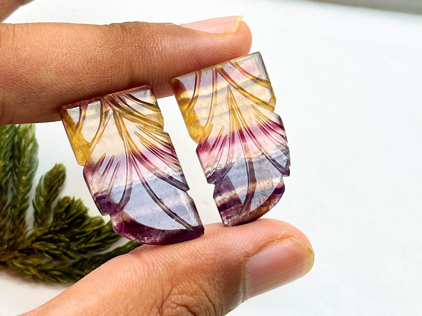 Rare Multi Fluorite Gemstone, 20x30mm, Matching Pair, Fancy Shape Carving Cabochon Pair, Natural AAA+ Multi Fluorite Gemstone Loose Cabochon, Fluorite Carving BFYJ Beadsforyourjewelry