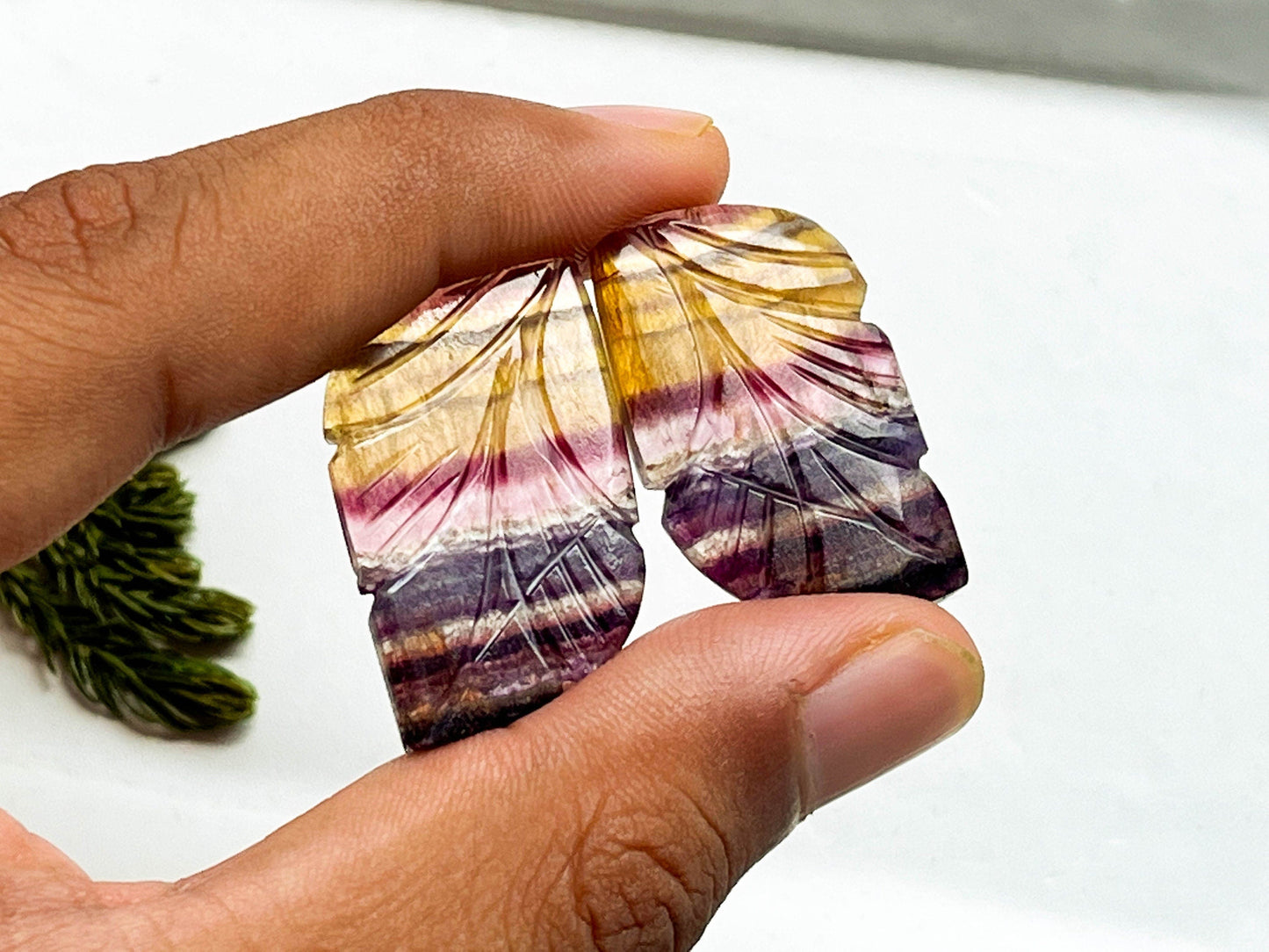 Rare Multi Fluorite Gemstone, 20x33mm, Matching Pair, Fancy Shape Carving Cabochon Pair, Natural AAA+ Multi Fluorite Gemstone Loose Cabochon Beadsforyourjewelry