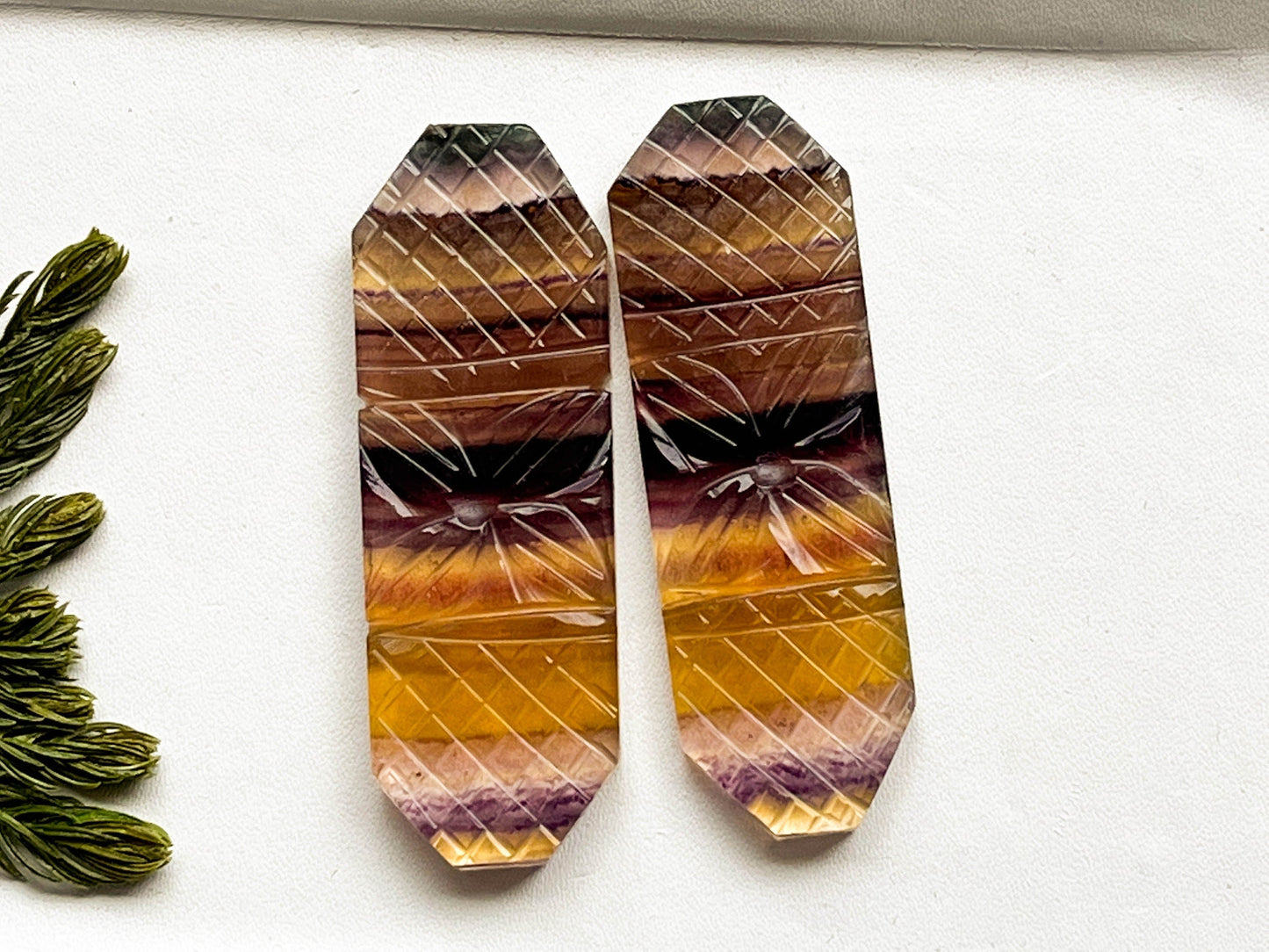 Rare Multi Fluorite Gemstone, 20x55mm, Matching Pair, Fancy Shape Carving Cabochon Pair, Natural AAA+ Multi Fluorite Gemstone Loose Cabochon Beadsforyourjewelry