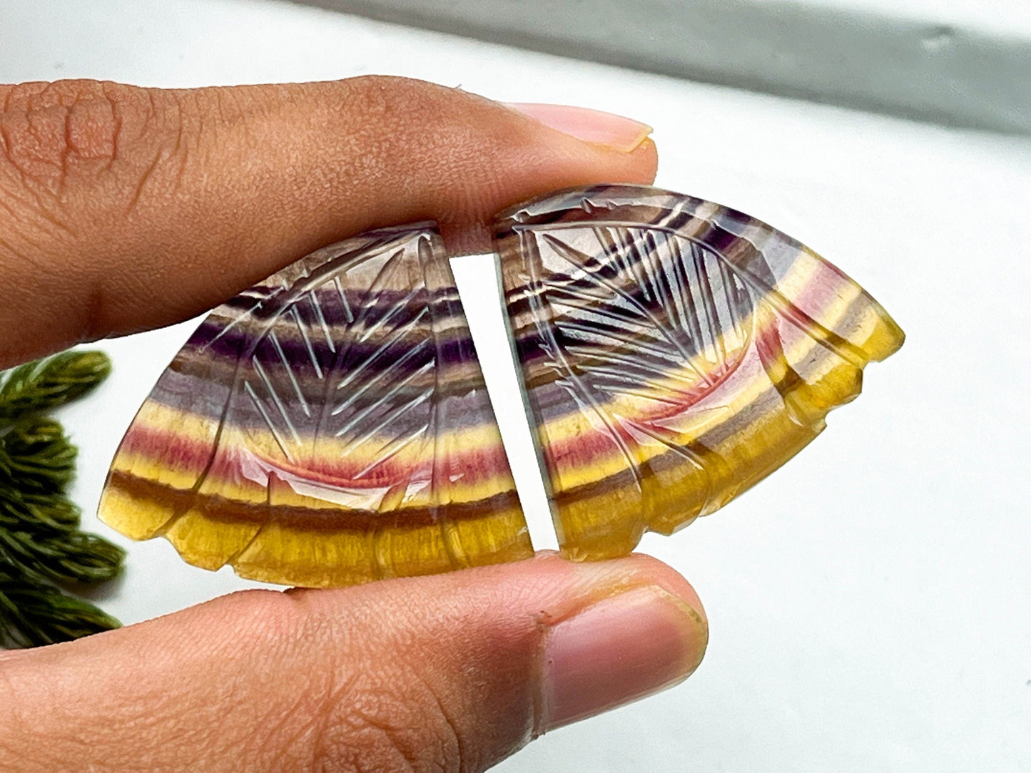 Rare Multi Fluorite Gemstone, 28x32mm, Matching Pair, Fancy Shape Carving Cabochon Pair, Natural AAA+ Multi Fluorite Gemstone Loose Cabochon Beadsforyourjewelry