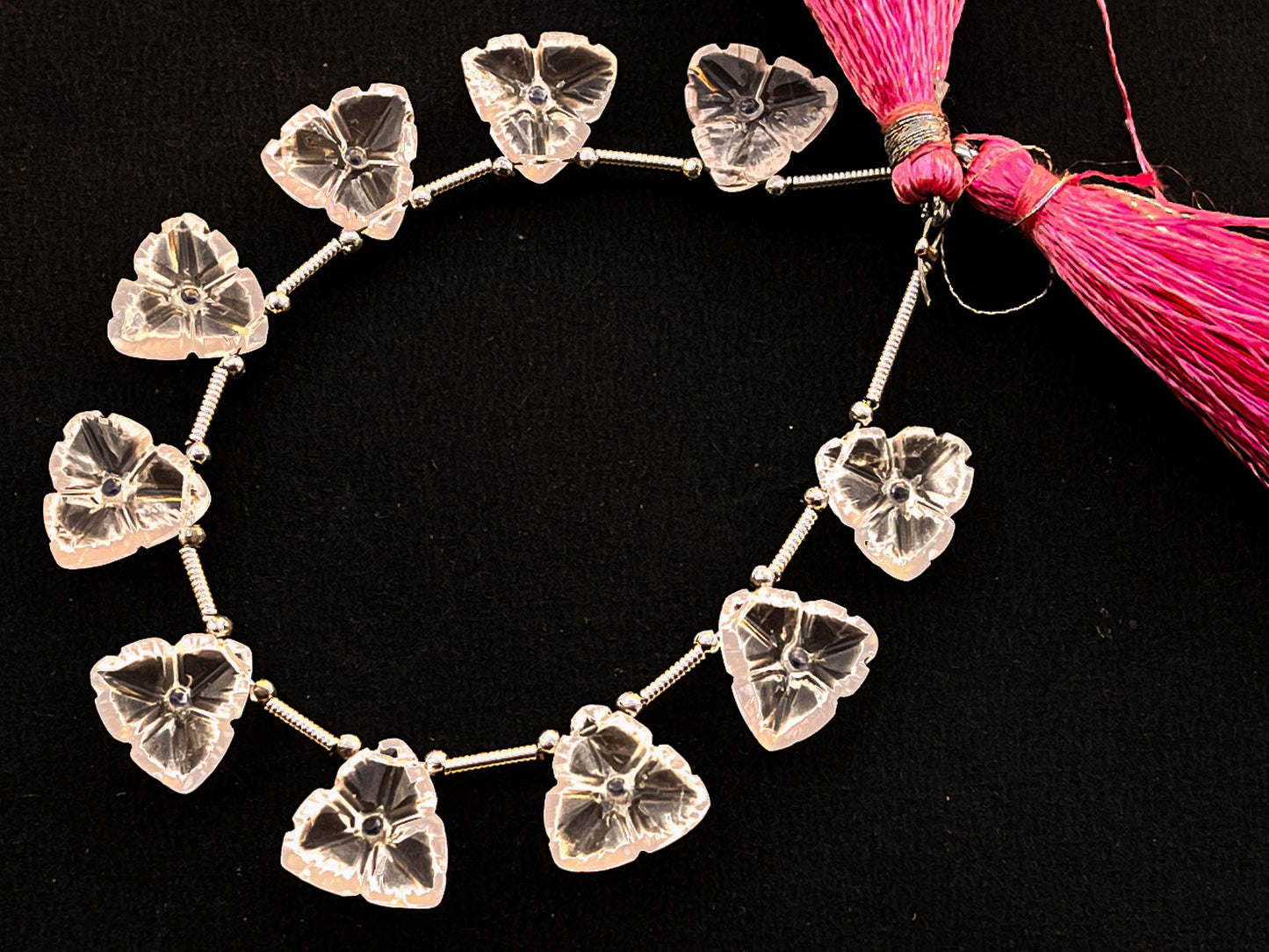 Rose Quartz Flower Carving Beads with Cubic Zirconia Beadsforyourjewelry