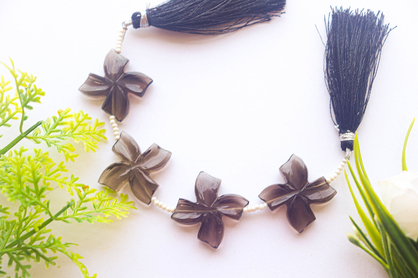 Smoky Quartz Flower Carving Beads | Center Drill | 20x20mm | 4 Pieces | Natural Smoky Quartz Gemstone | Beadsforyourjewellery Beadsforyourjewelry