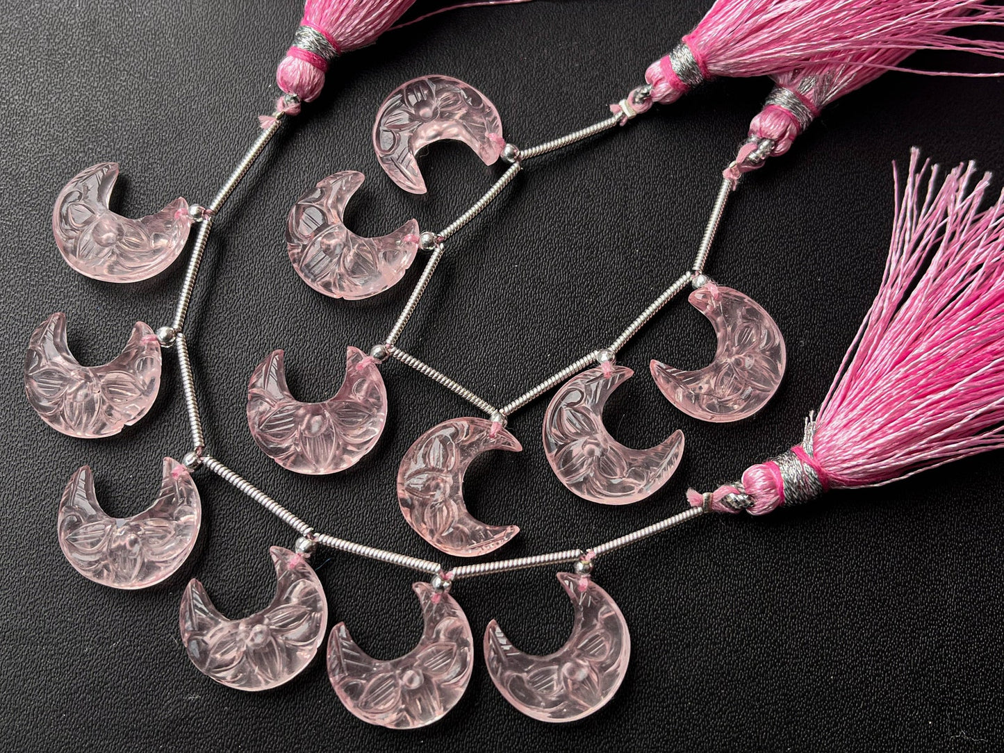 Rose Quartz Carved Crescent Moon Shape Beads