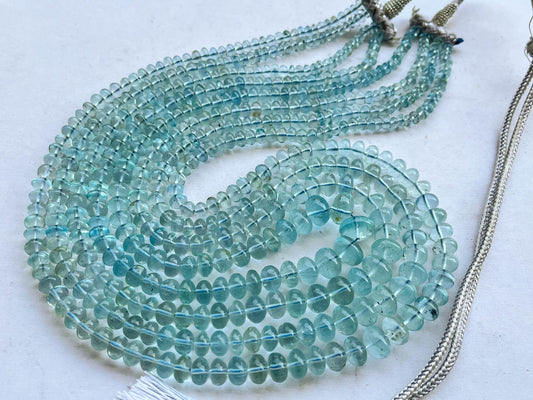 4 Layers Natural Aquamarine Gemstone Necklace Smooth Rondelle Shape Beads