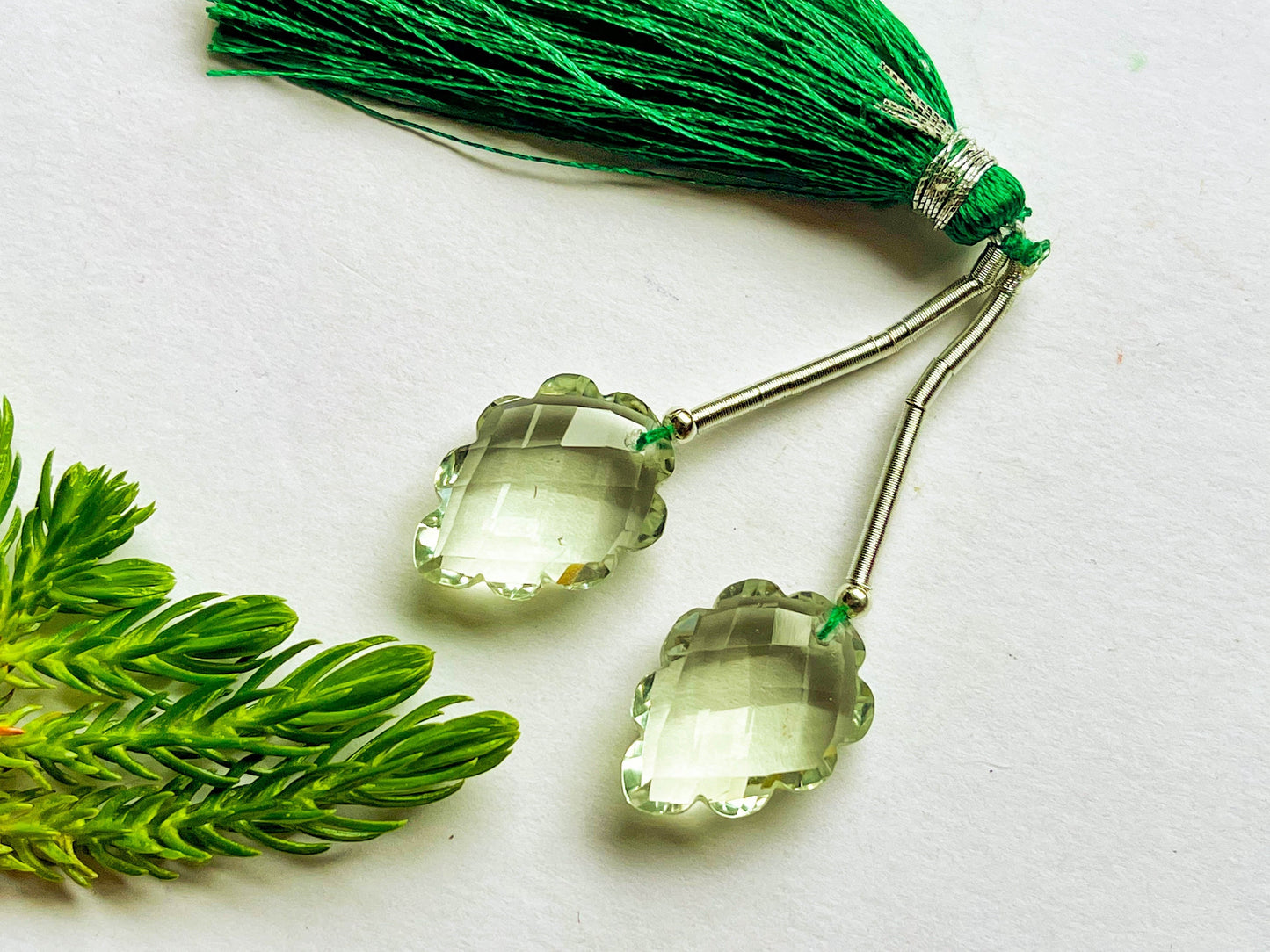 Pair of GREEN AMETHYST Flower Carving Beads