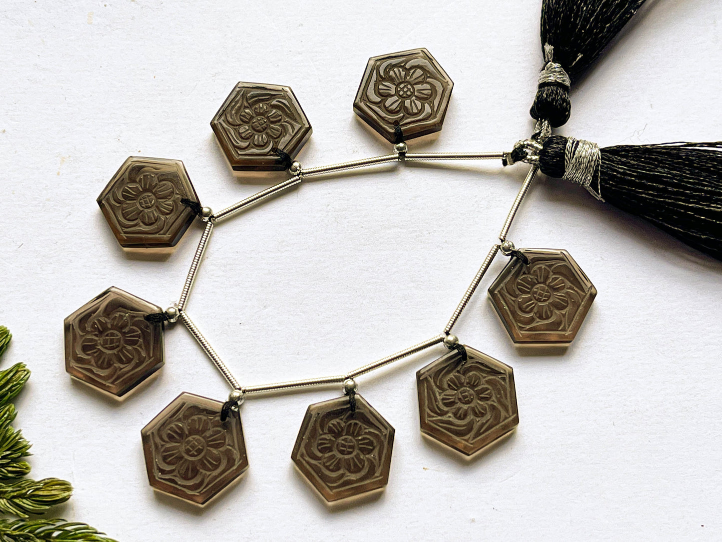 Smoky Quartz Hexagon Shape Flower Carving Beads