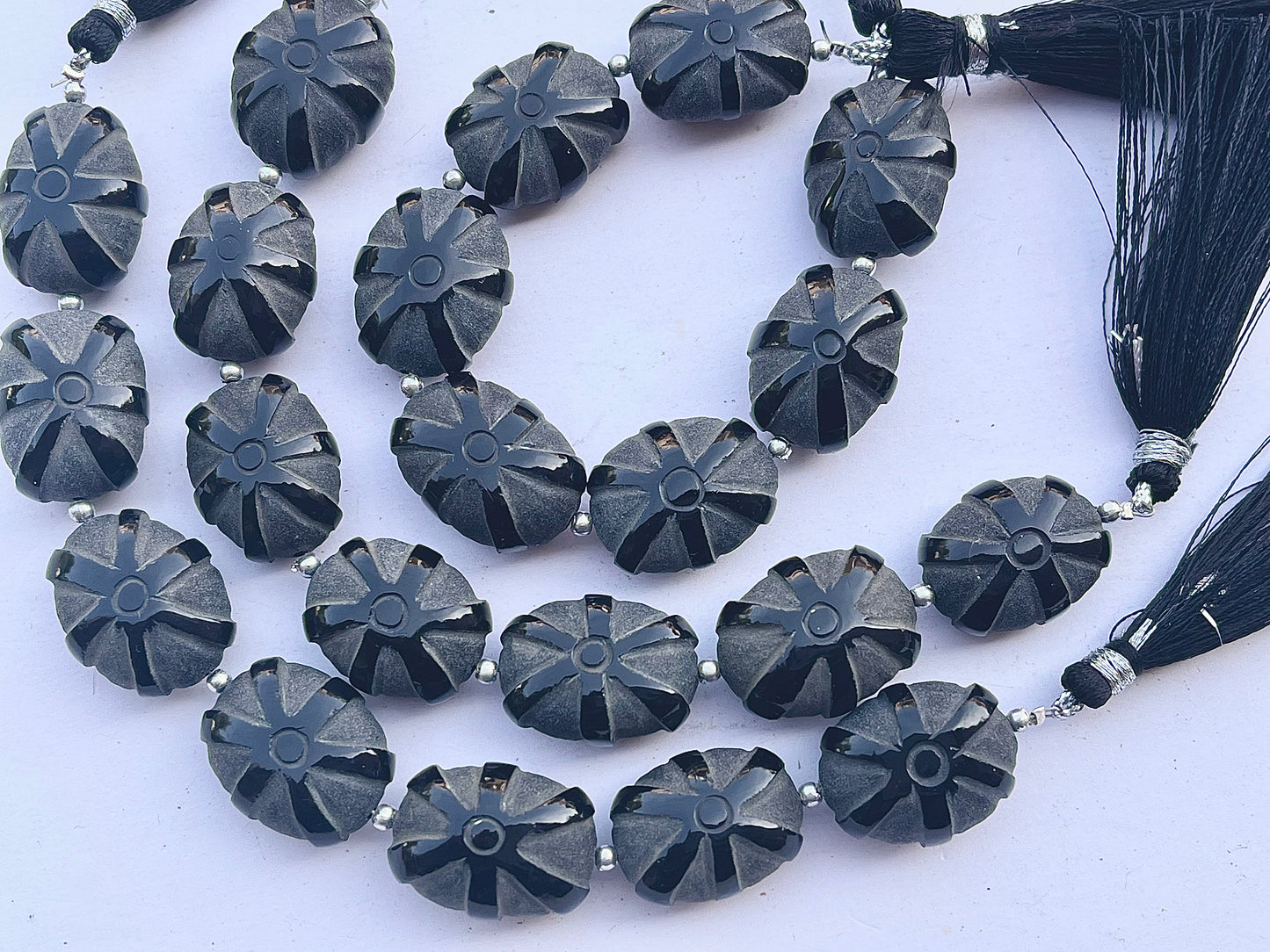 Black Onyx Frost Finish Oval Shape Carved Beads - Beadsforyourjewelry