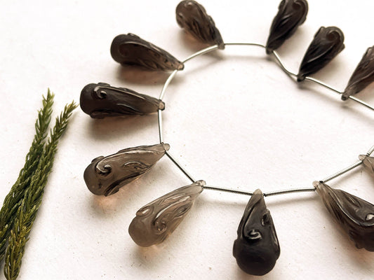 11 Pieces Natural Smoky Quartz Carved Frosted Drops Beadsforyourjewelry