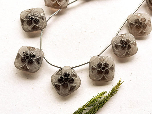 11 Pieces Natural Smoky Quartz Flower Carved Frosted Square Shape Beads Beadsforyourjewelry