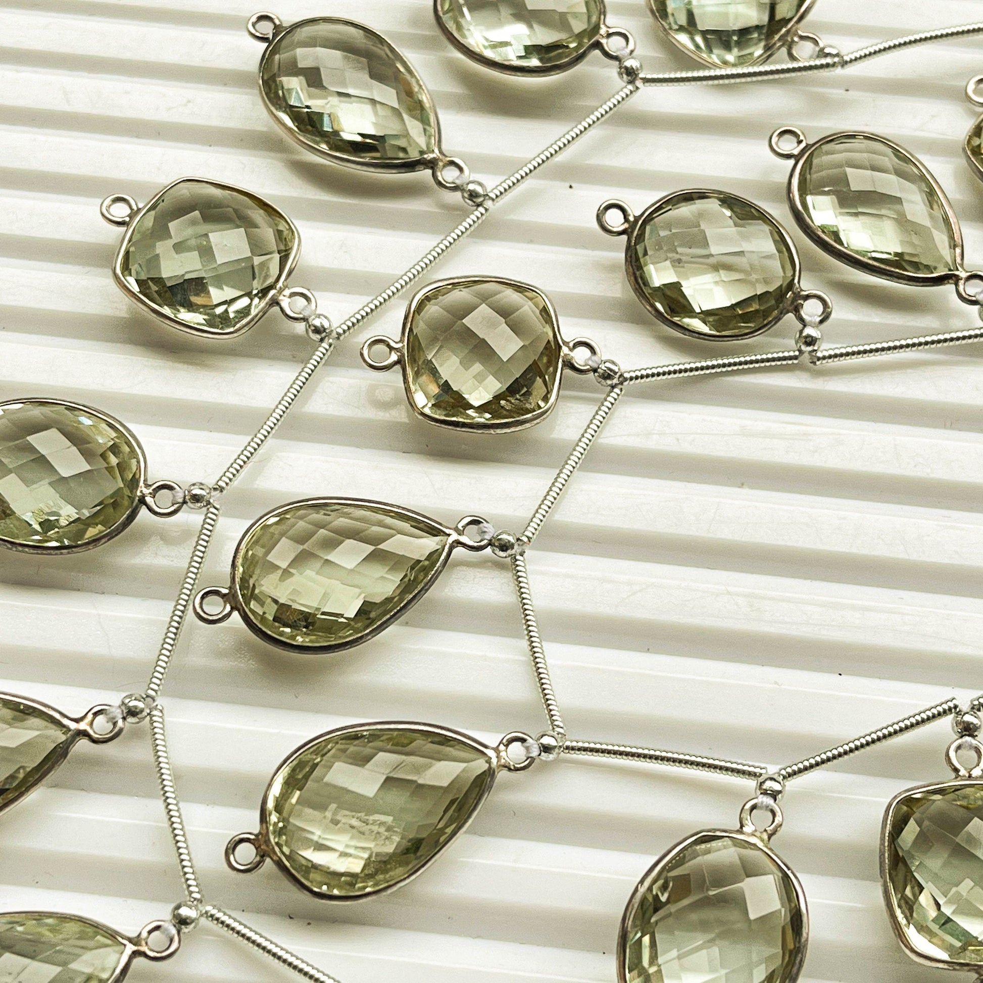12 Pieces Green Amethyst Briolette Mix Shape Pair 925 Silver bezel set Connectors for Jewelry making Beadsforyourjewelry