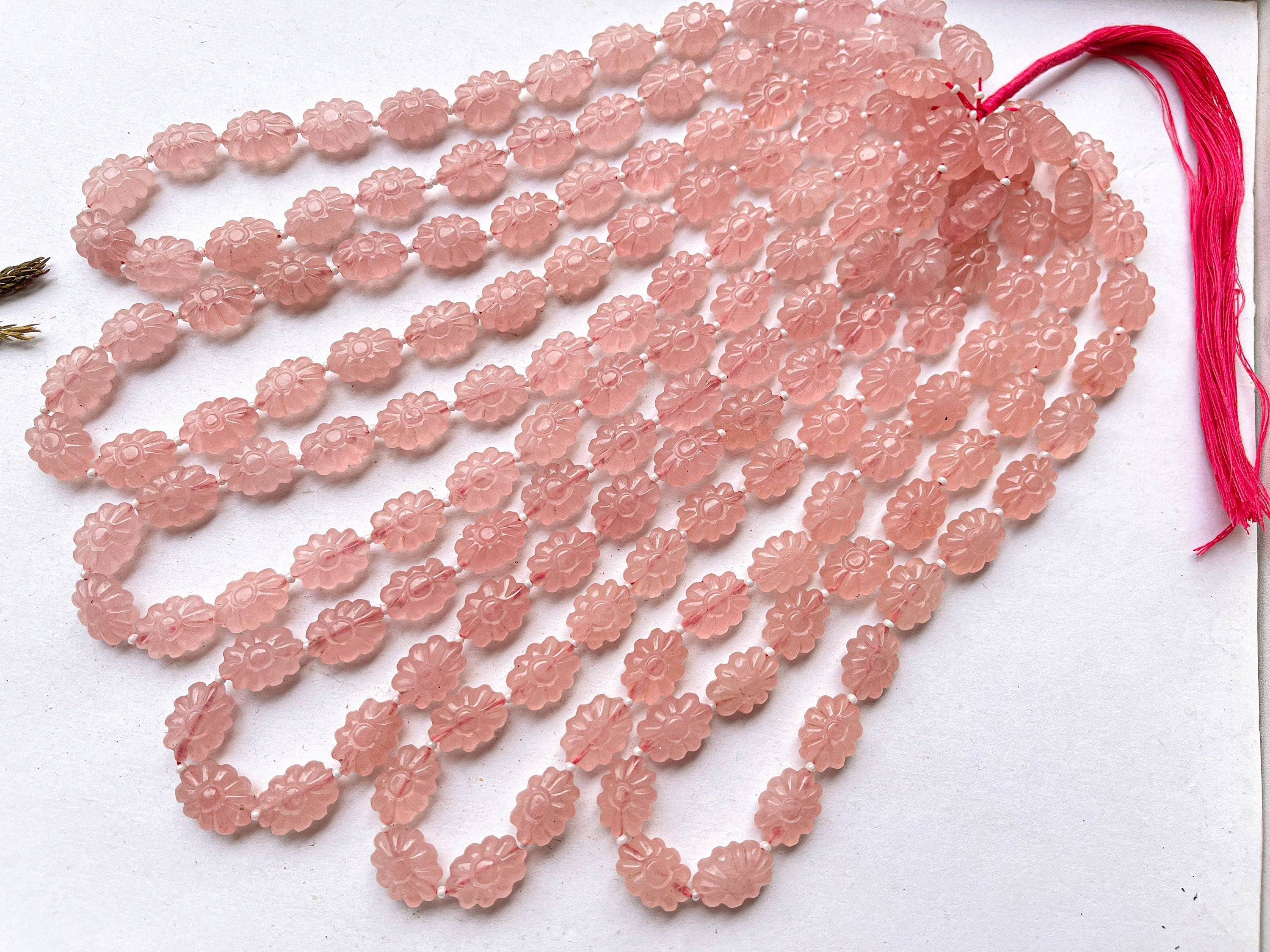 16 Inch Rose Quartz Flower Carved Beads Beadsforyourjewelry