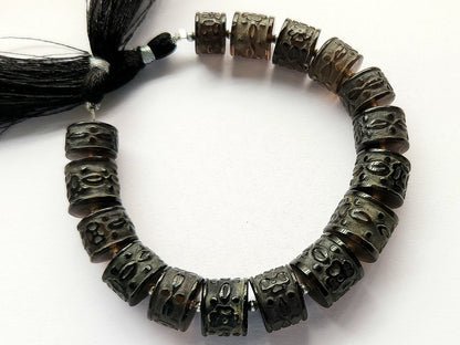 Rare! Natural Smoky Quartz Cameo Frost Carved Barrel Drum Shape Beads