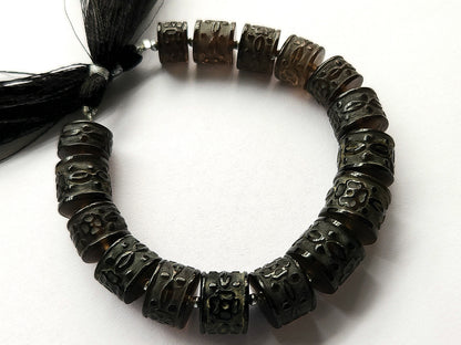 Rare! Natural Smoky Quartz Cameo Frost Carved Barrel Drum Shape Beads
